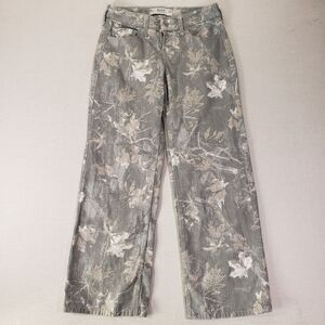 Hollister Low Rise Baggy Jeans Size 0 Regular Grey Leaf Camo Wide Leg 0R w25